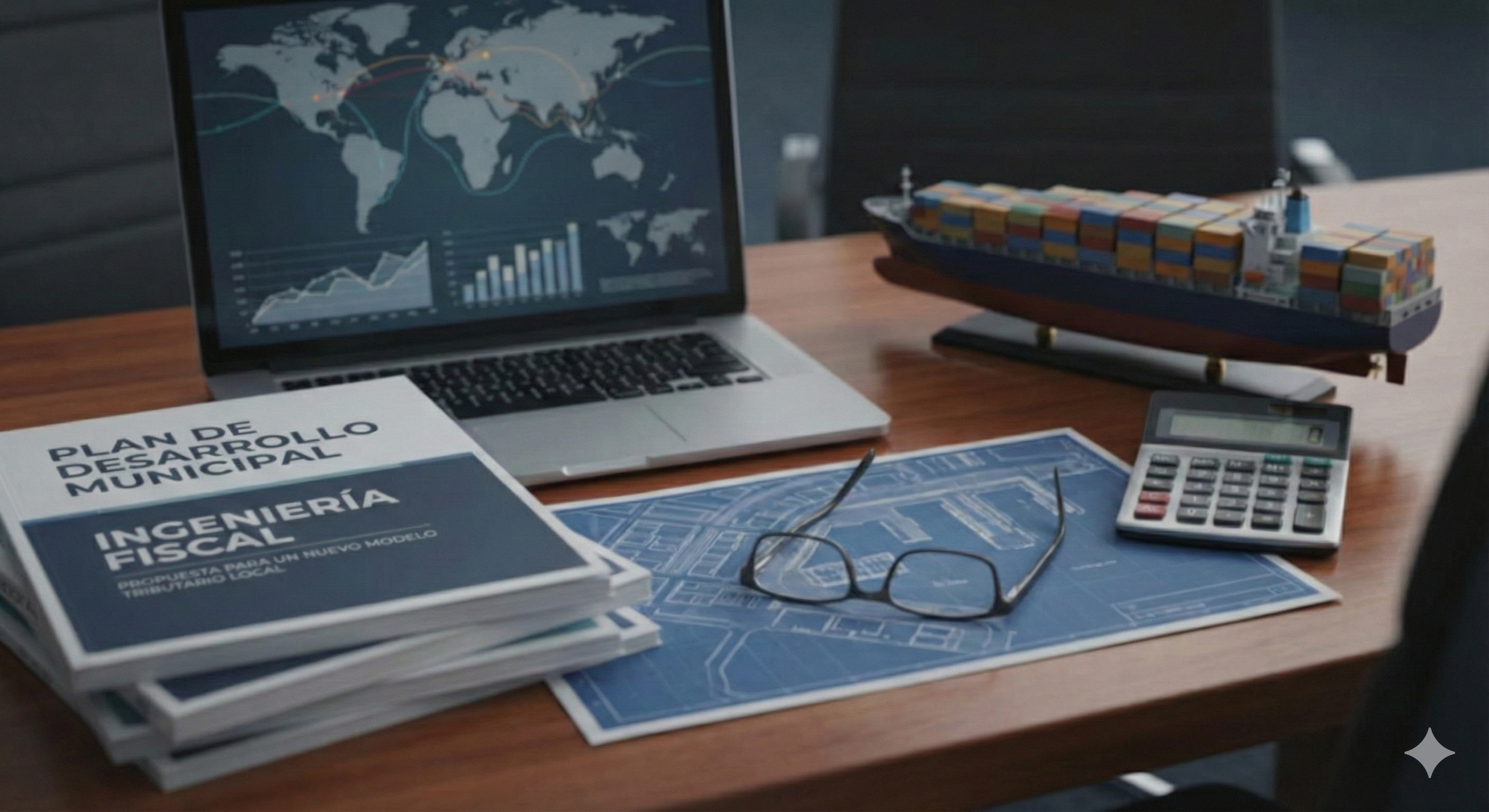 Escritorio de Consultoría: Planos, Calculadora y Barco Carguero